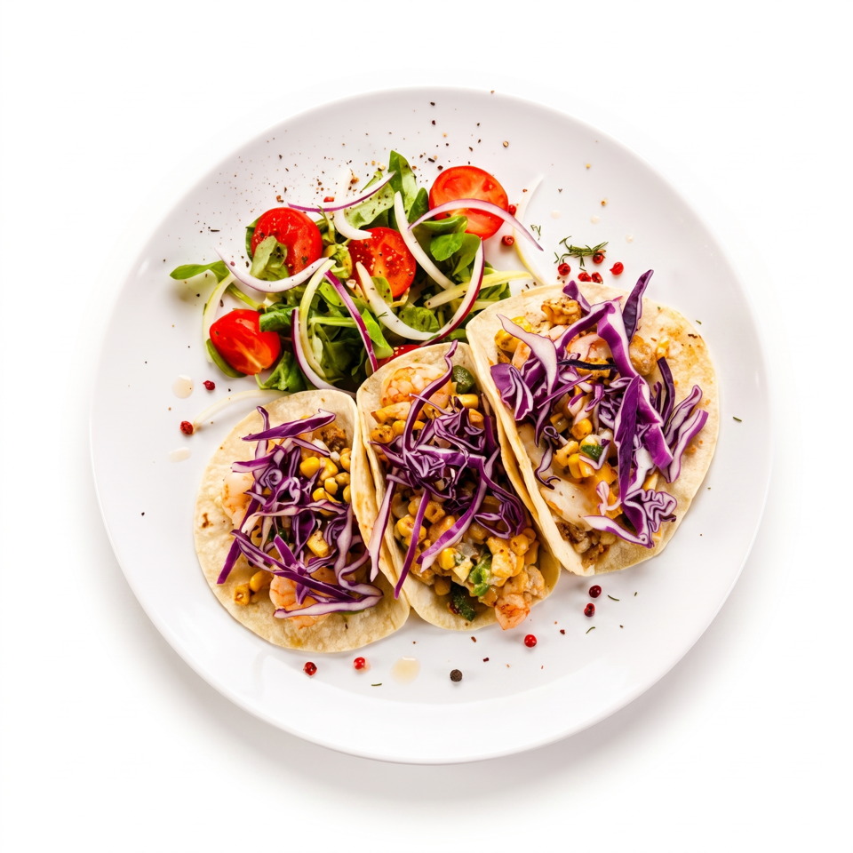 Three tacos filled with shrimp, corn, and purple cabbage, served with a side salad.