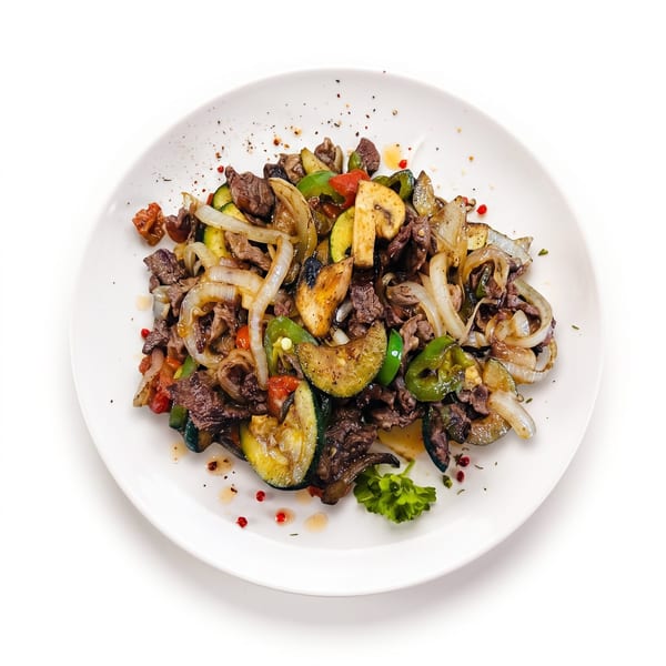 Sautéed beef with zucchini, onions, bell peppers, and mushrooms on a white plate.