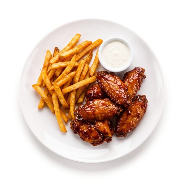 A white plate holds a serving of crispy french fries, barbecue chicken wings, and a side of ranch.